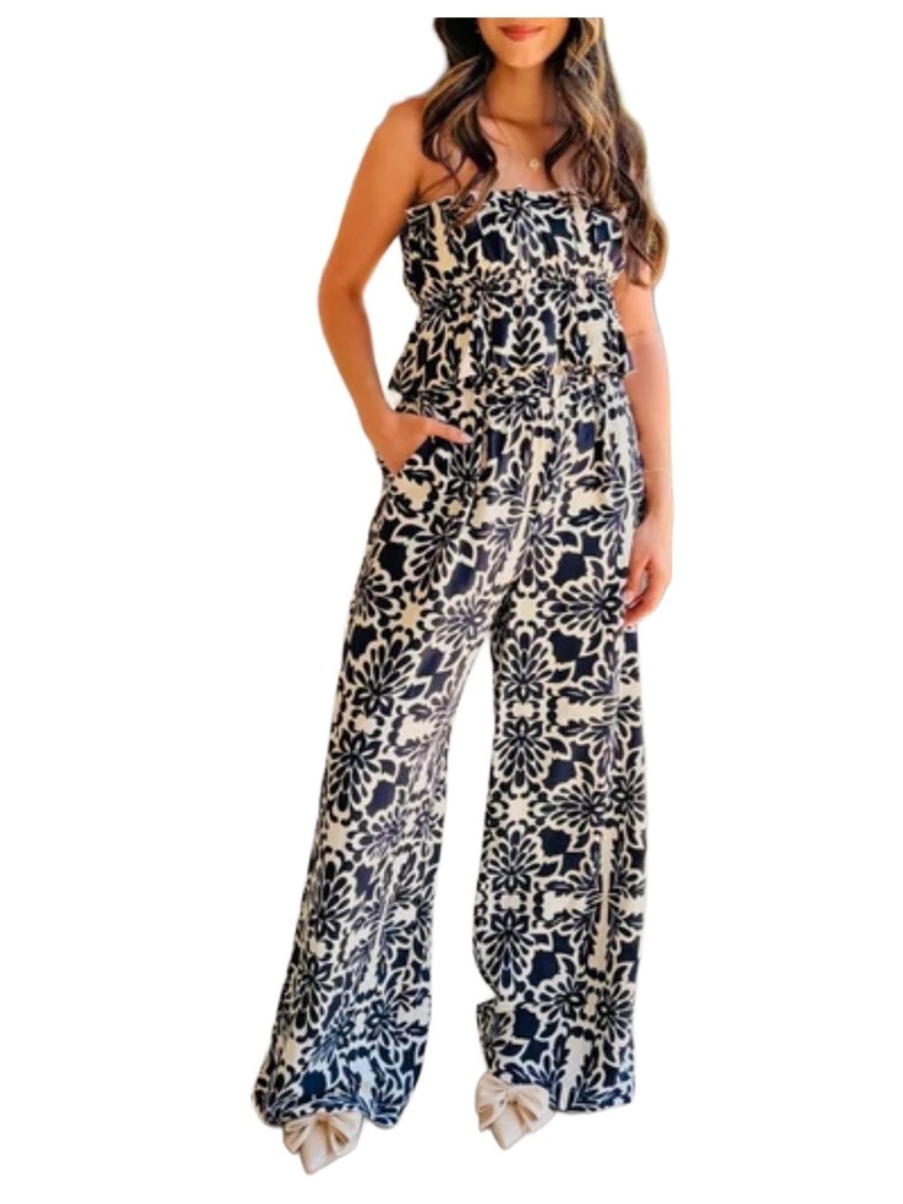 Skies Are Blue Strapless pull on Floral Wide-Leg Jumpsuit in Black & White